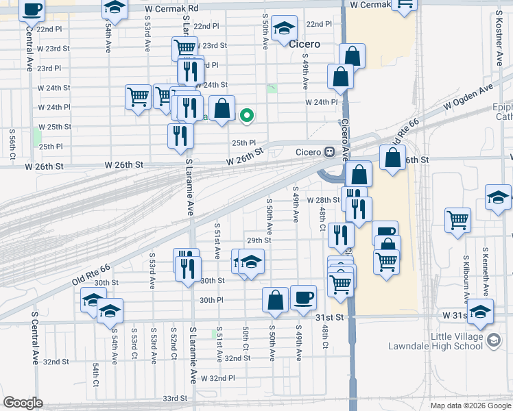 map of restaurants, bars, coffee shops, grocery stores, and more near 5010 Ogden Avenue in Cicero