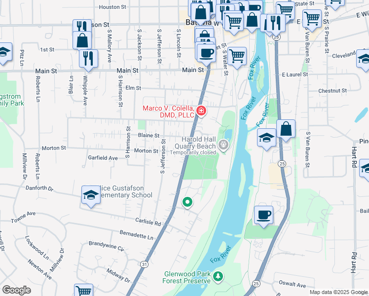 map of restaurants, bars, coffee shops, grocery stores, and more near 629 South Batavia Avenue in Batavia