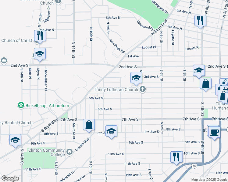 map of restaurants, bars, coffee shops, grocery stores, and more near 814 4th Avenue South in Clinton