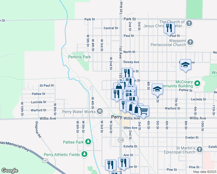 map of restaurants, bars, coffee shops, grocery stores, and more near 1423 West 2nd Street in Perry