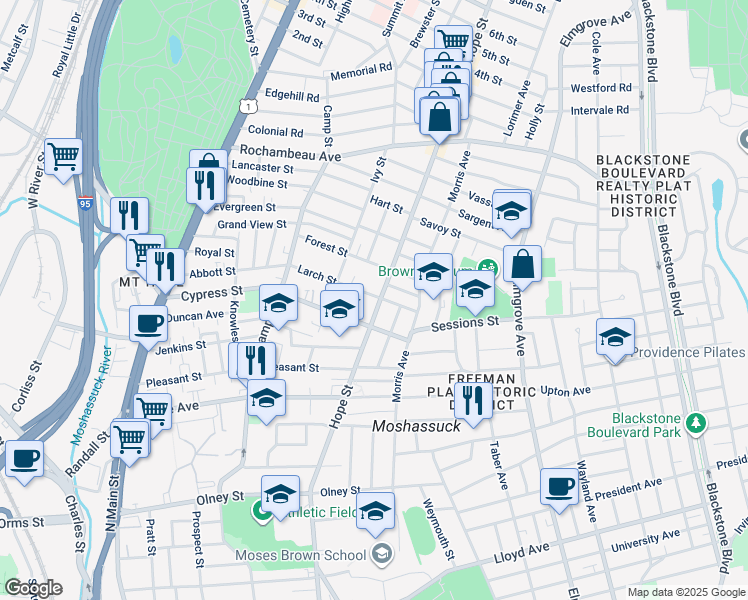 map of restaurants, bars, coffee shops, grocery stores, and more near 578 Hope Street in Providence