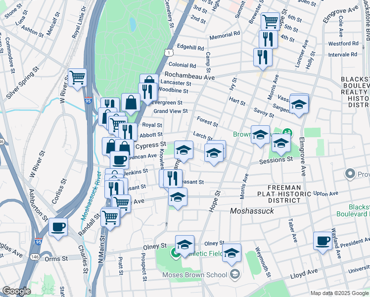 map of restaurants, bars, coffee shops, grocery stores, and more near 152 Camp Street in Providence