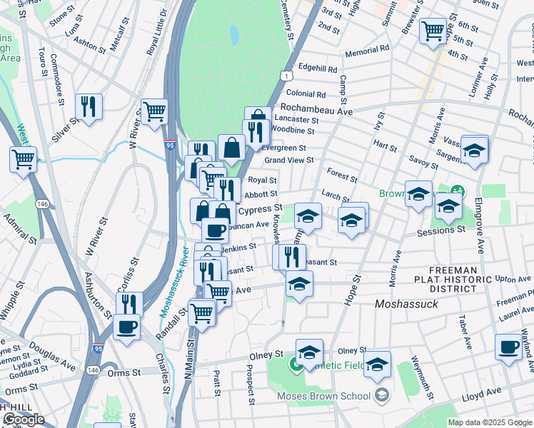 map of restaurants, bars, coffee shops, grocery stores, and more near 55 Abbott Street in Providence