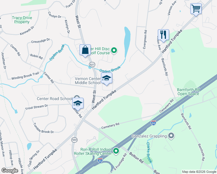 map of restaurants, bars, coffee shops, grocery stores, and more near 777 Hartford Turnpike in Vernon