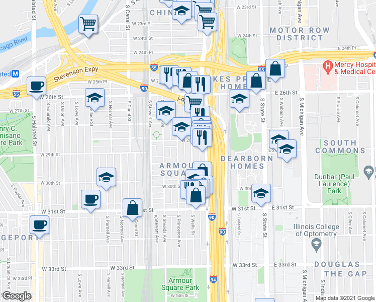 map of restaurants, bars, coffee shops, grocery stores, and more near in Chicago