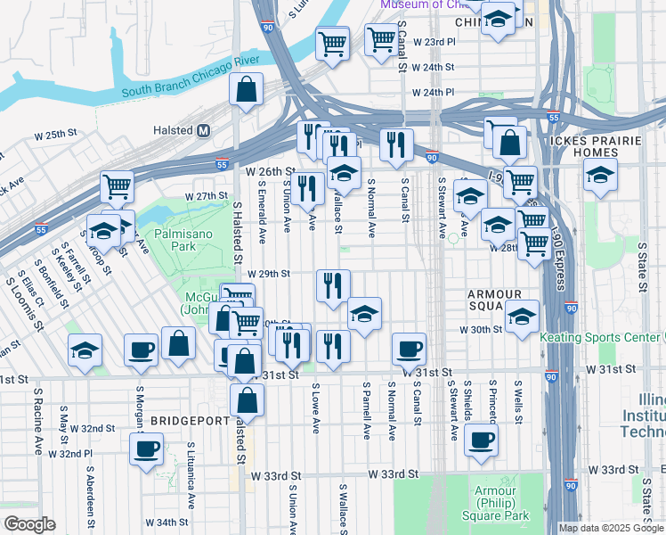 map of restaurants, bars, coffee shops, grocery stores, and more near in Chicago