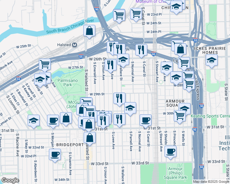 map of restaurants, bars, coffee shops, grocery stores, and more near in Chicago