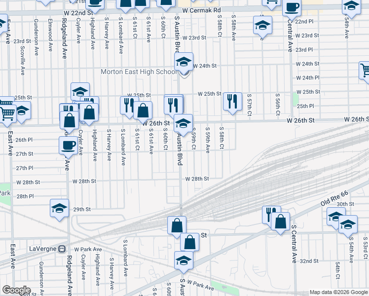 map of restaurants, bars, coffee shops, grocery stores, and more near 2620 South 59th Court in Cicero