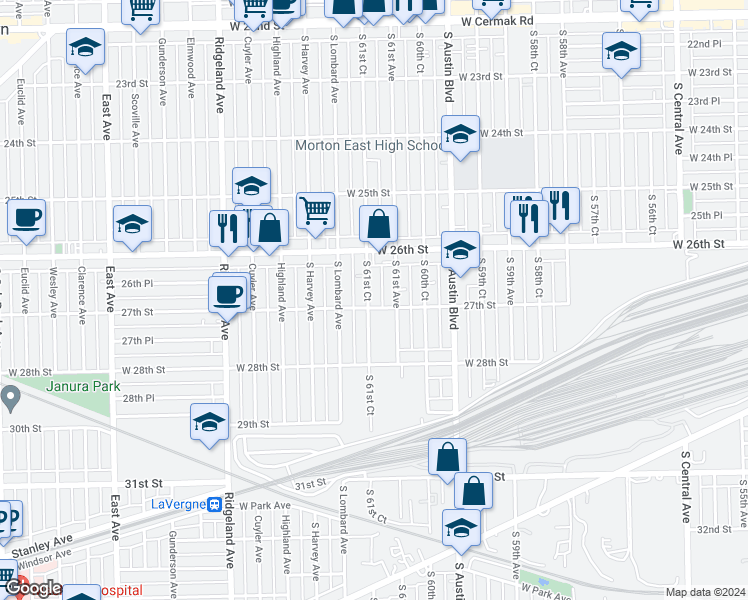 map of restaurants, bars, coffee shops, grocery stores, and more near 2627 South 61st Court in Cicero