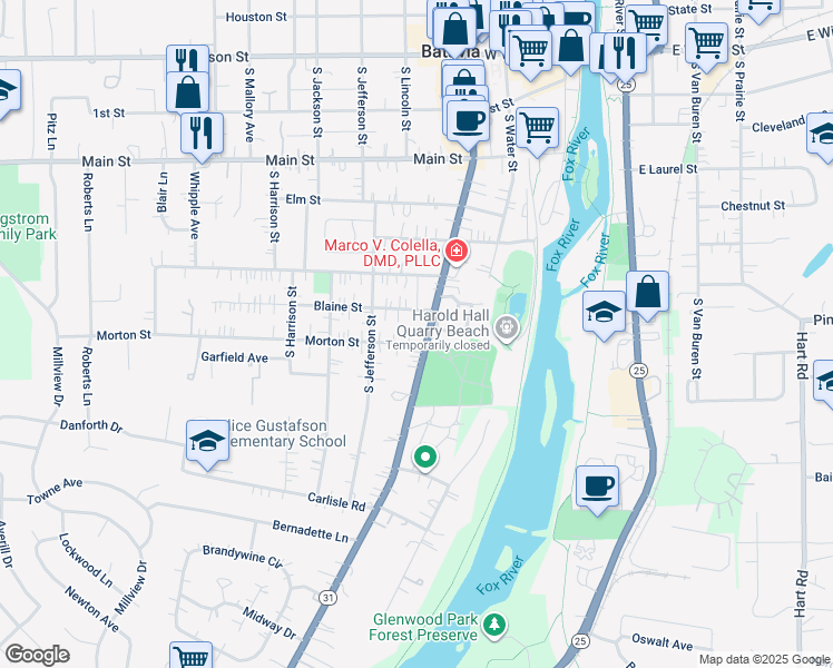 map of restaurants, bars, coffee shops, grocery stores, and more near 320 Blaine Street in Batavia