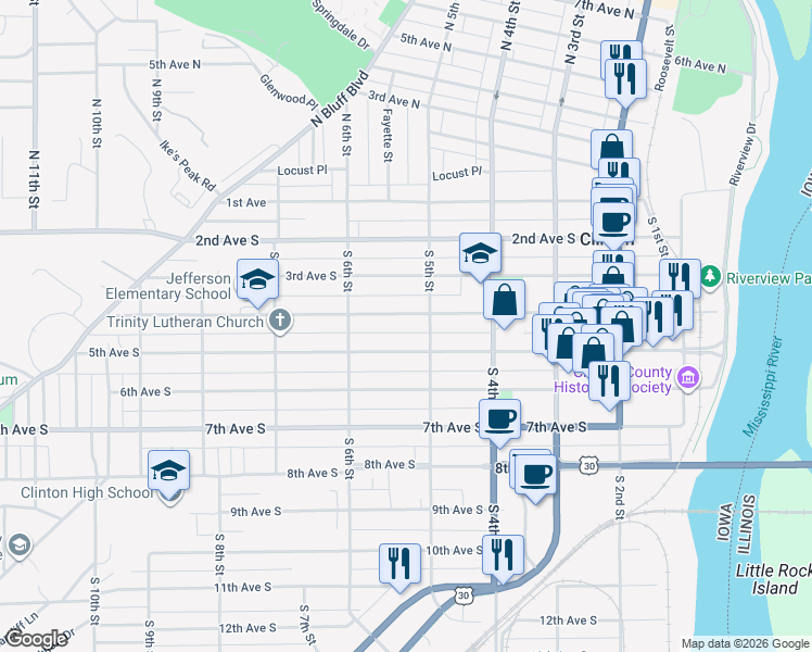 map of restaurants, bars, coffee shops, grocery stores, and more near 526 4th Avenue South in Clinton