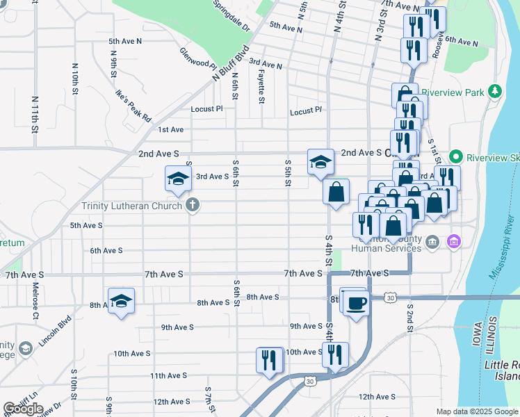 map of restaurants, bars, coffee shops, grocery stores, and more near 550 4th Avenue South in Clinton