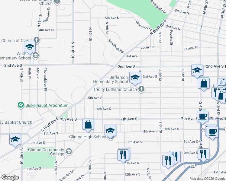 map of restaurants, bars, coffee shops, grocery stores, and more near 814 4th Avenue South in Clinton