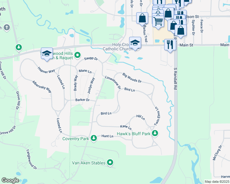 map of restaurants, bars, coffee shops, grocery stores, and more near 653 Limestone Drive in Batavia