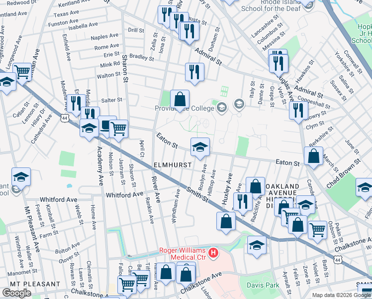 map of restaurants, bars, coffee shops, grocery stores, and more near Eaton Street in Providence