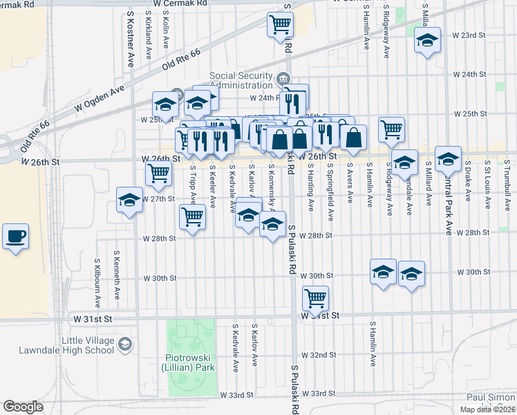 map of restaurants, bars, coffee shops, grocery stores, and more near 2658 South Komensky Avenue in Chicago