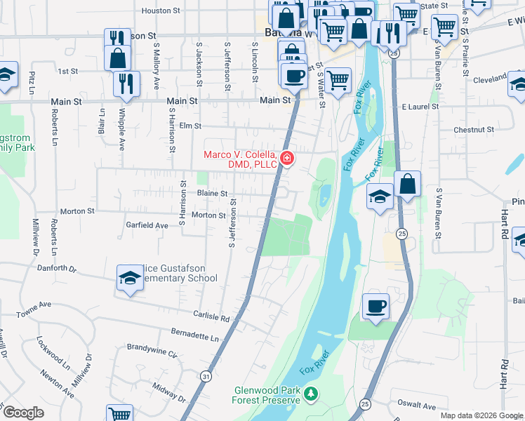 map of restaurants, bars, coffee shops, grocery stores, and more near 320 Blaine Street in Batavia