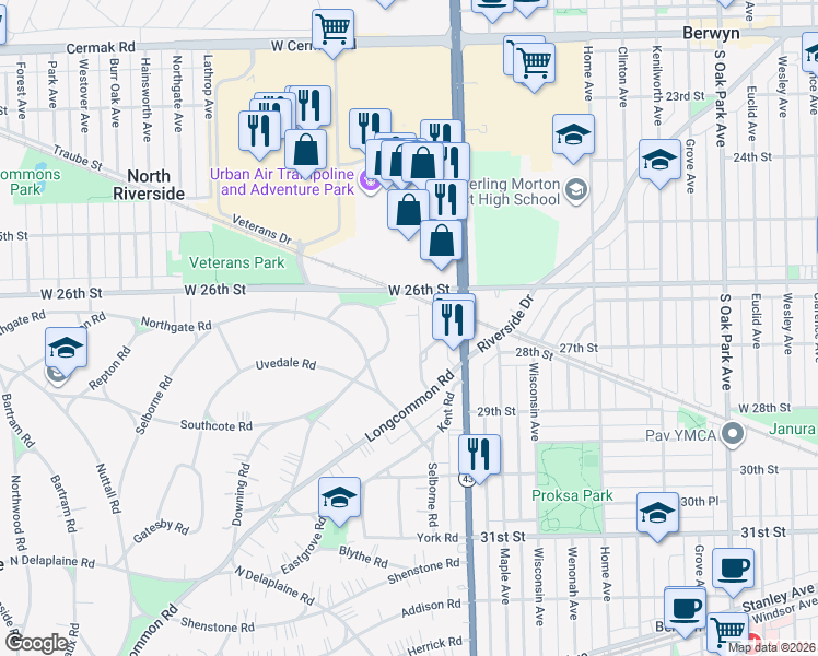 map of restaurants, bars, coffee shops, grocery stores, and more near 576 Byrd Road in Riverside