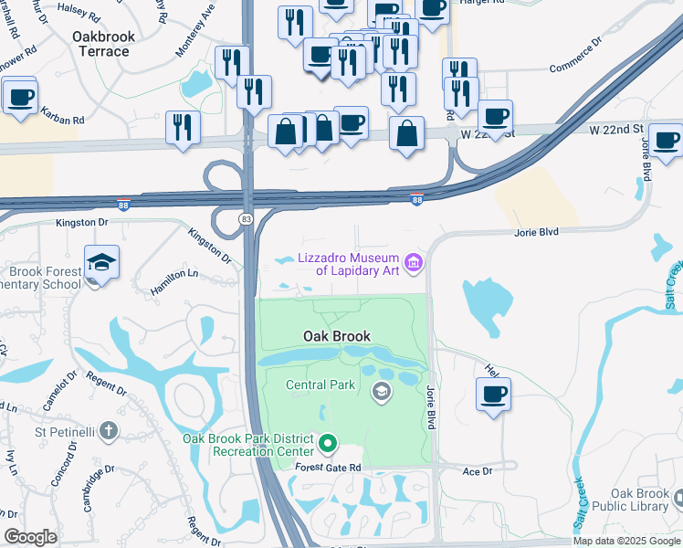 map of restaurants, bars, coffee shops, grocery stores, and more near 1400 Kensington Road in Oak Brook