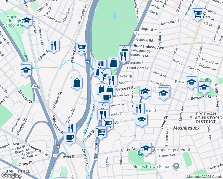 map of restaurants, bars, coffee shops, grocery stores, and more near North Main Street in Providence