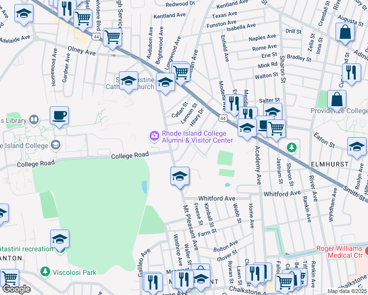 map of restaurants, bars, coffee shops, grocery stores, and more near 77 Cathedral Avenue in Providence