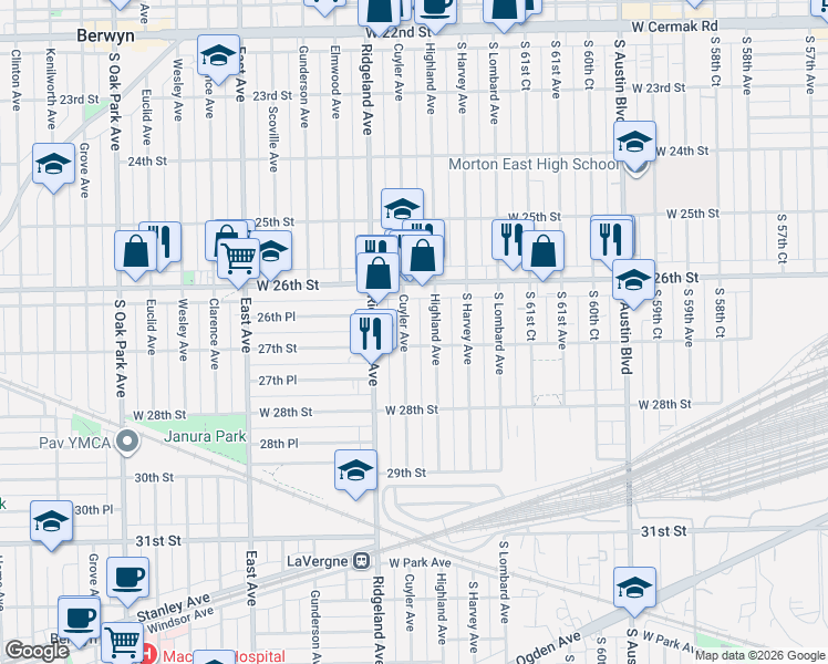 map of restaurants, bars, coffee shops, grocery stores, and more near 2621 Cuyler Avenue in Berwyn