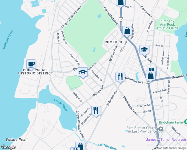 map of restaurants, bars, coffee shops, grocery stores, and more near 60 Thatcher Street in East Providence