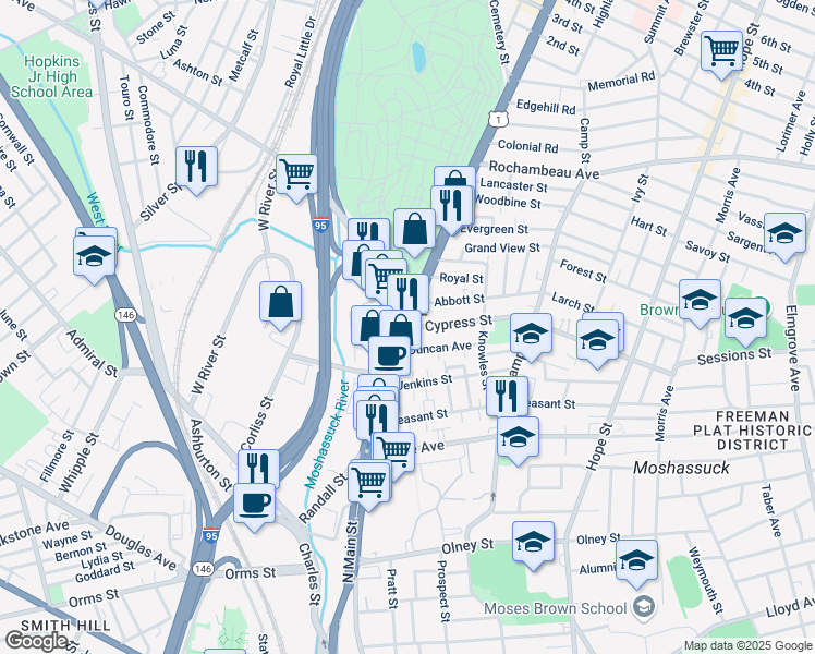 map of restaurants, bars, coffee shops, grocery stores, and more near in Providence