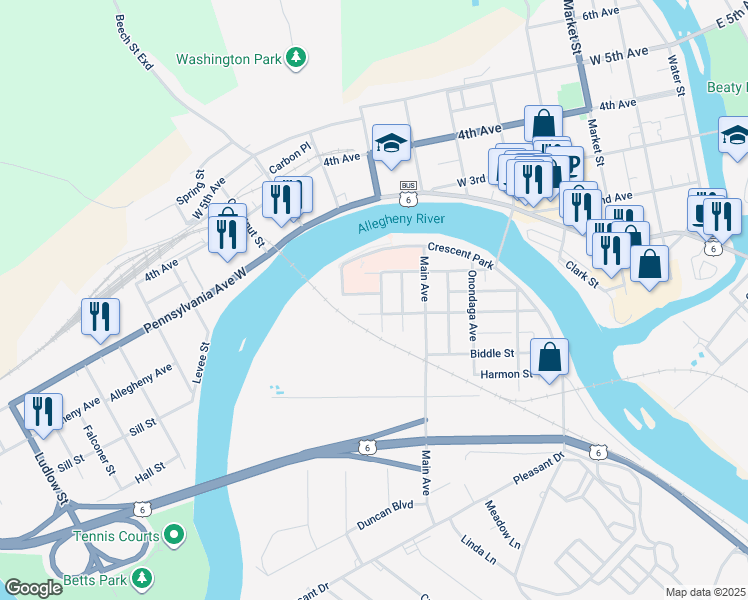 map of restaurants, bars, coffee shops, grocery stores, and more near 105-107 Cayuga Avenue in Warren