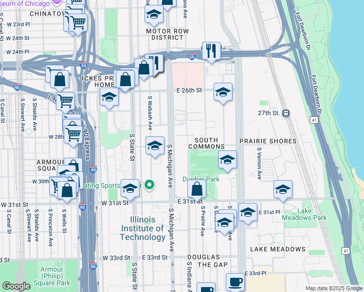 map of restaurants, bars, coffee shops, grocery stores, and more near 3000 Michigan Avenue in Chicago