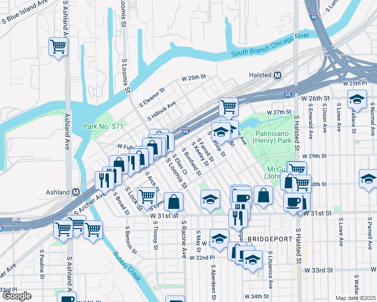 map of restaurants, bars, coffee shops, grocery stores, and more near 2843 South Archer Avenue in Chicago