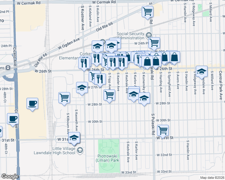 map of restaurants, bars, coffee shops, grocery stores, and more near 2655 South Tripp Avenue in Chicago