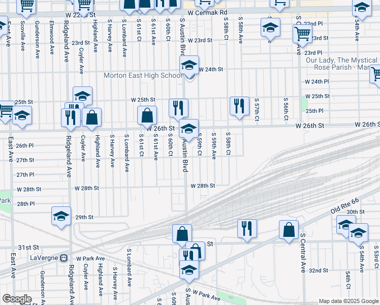 map of restaurants, bars, coffee shops, grocery stores, and more near 2620 South 59th Court in Cicero
