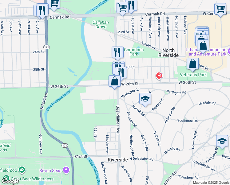 map of restaurants, bars, coffee shops, grocery stores, and more near in North Riverside