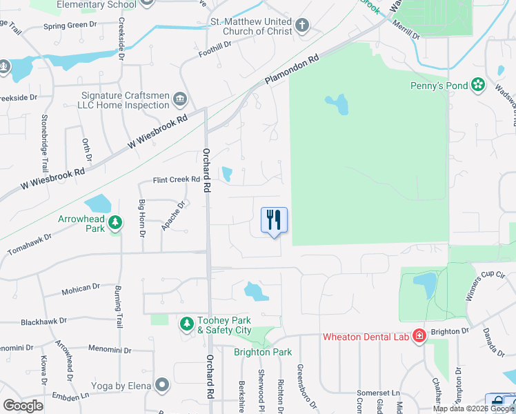 map of restaurants, bars, coffee shops, grocery stores, and more near 476 Hevern Drive in Wheaton
