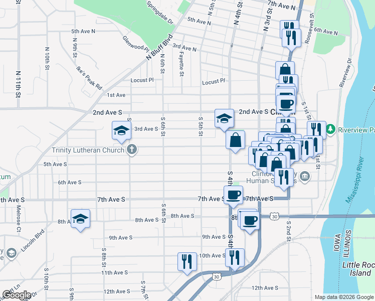 map of restaurants, bars, coffee shops, grocery stores, and more near 526 4th Avenue South in Clinton