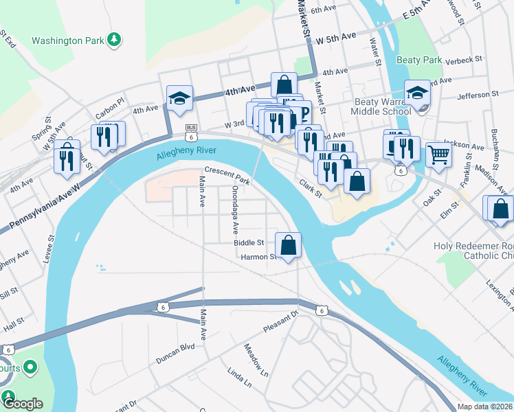 map of restaurants, bars, coffee shops, grocery stores, and more near 110 East Saint Clair Street in Warren