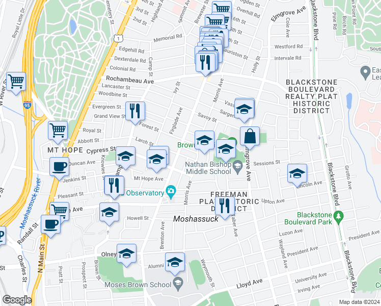 map of restaurants, bars, coffee shops, grocery stores, and more near 21 Poplar Street in Providence