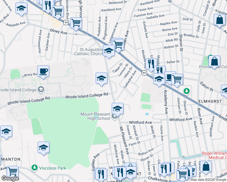 map of restaurants, bars, coffee shops, grocery stores, and more near 585 Mount Pleasant Avenue in Providence