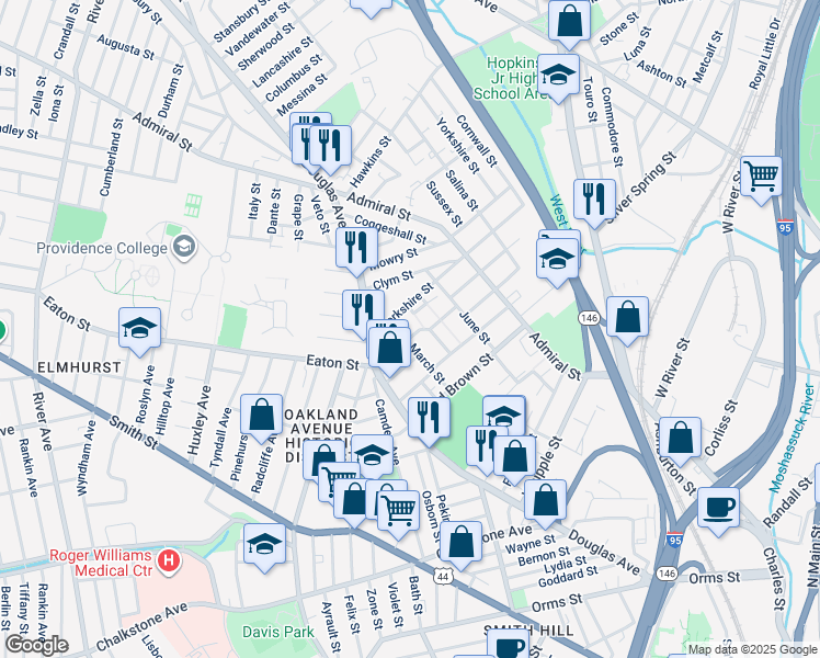 map of restaurants, bars, coffee shops, grocery stores, and more near 63 March Street in Providence