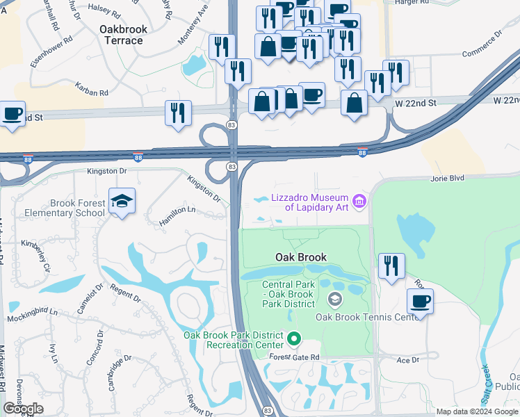 map of restaurants, bars, coffee shops, grocery stores, and more near 1420 Kensington Road in Oak Brook