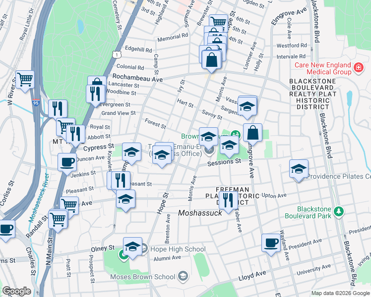 map of restaurants, bars, coffee shops, grocery stores, and more near 567 Hope Street in Providence
