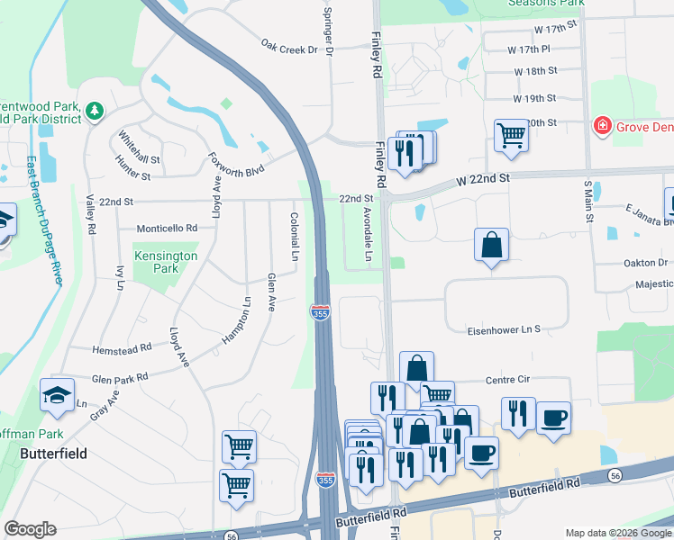 map of restaurants, bars, coffee shops, grocery stores, and more near 2S144 Beaumont Lane in Lombard