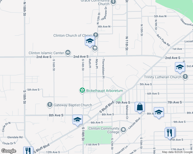 map of restaurants, bars, coffee shops, grocery stores, and more near 301 Myra Place in Clinton