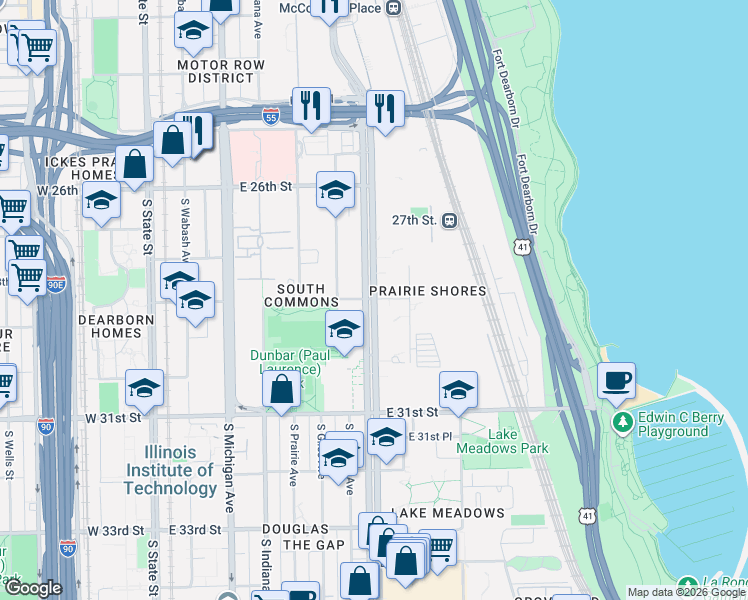 map of restaurants, bars, coffee shops, grocery stores, and more near 2901 S Dr Martin Luther King Jr Dr in Chicago