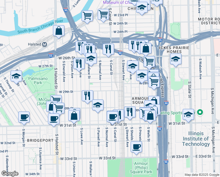 map of restaurants, bars, coffee shops, grocery stores, and more near 461 West 28th Place in Chicago