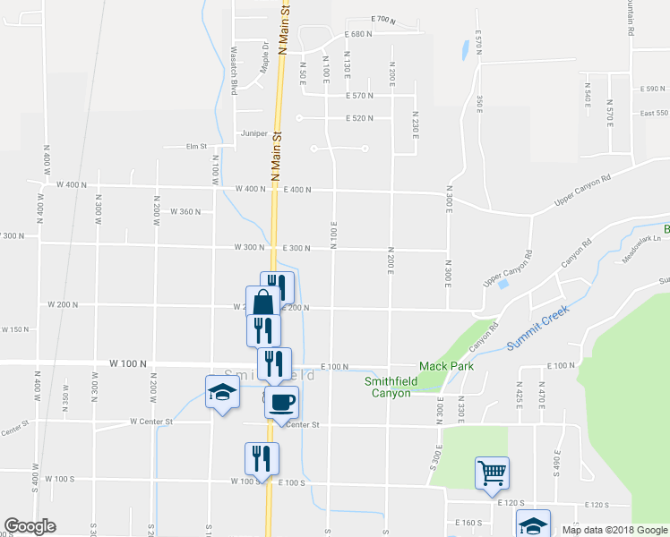 map of restaurants, bars, coffee shops, grocery stores, and more near 282 North 100 East in Smithfield