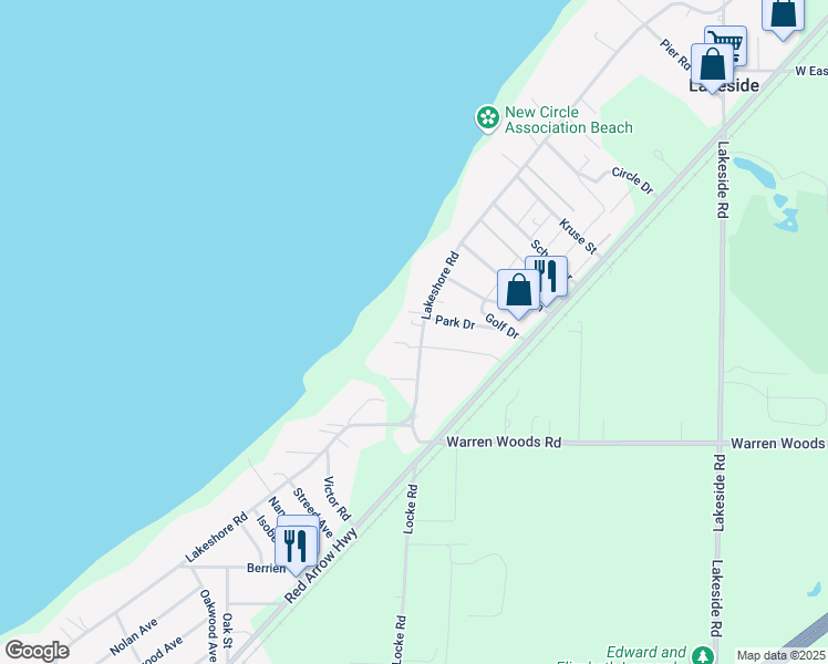 map of restaurants, bars, coffee shops, grocery stores, and more near 15302 Lakeshore Road in Lakeside