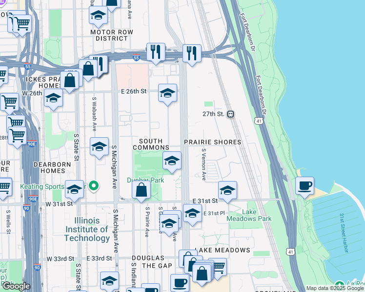 map of restaurants, bars, coffee shops, grocery stores, and more near 2900 South King Drive in Chicago
