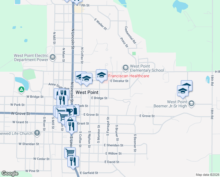 map of restaurants, bars, coffee shops, grocery stores, and more near 709 East Decatur Street in West Point